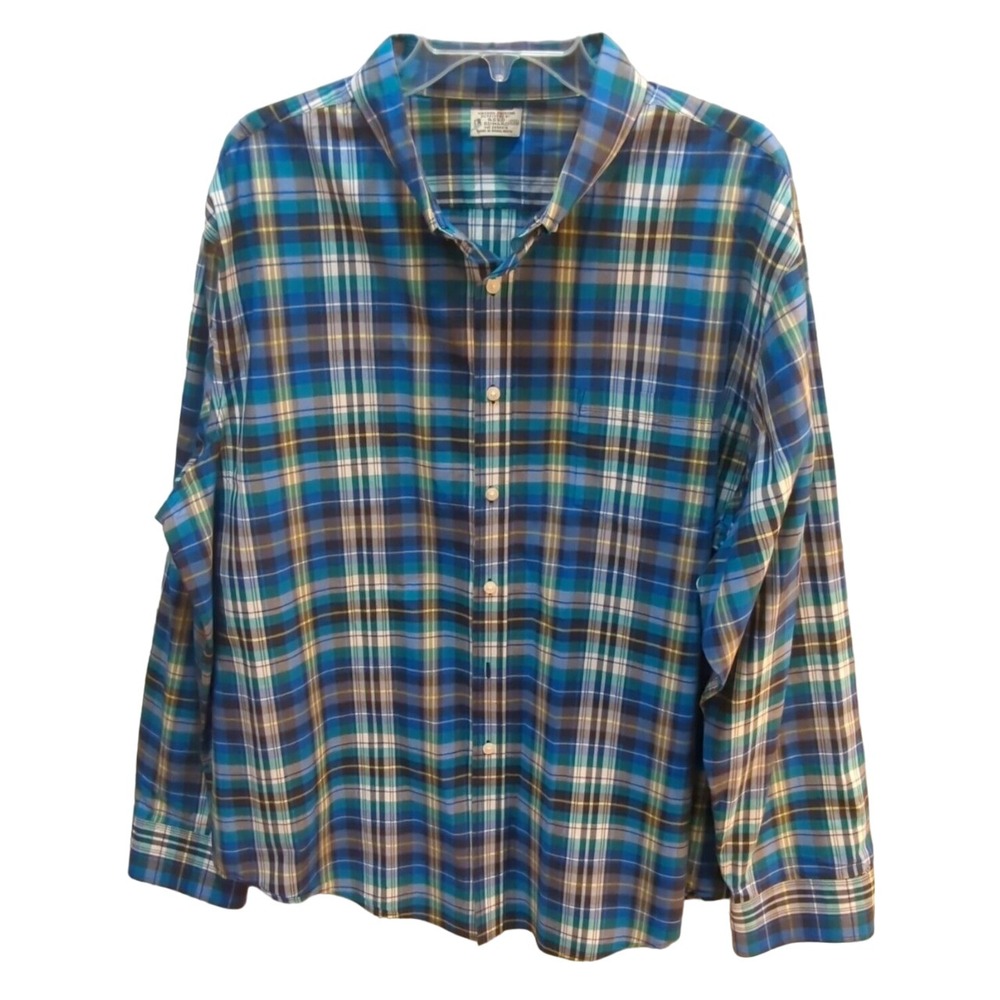 Reed Edward men 2XL long Sleeve Button Shirt plaid blue green cotton